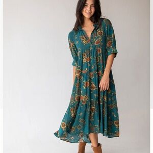 NATURAL LIFE Rebecca Teal Orange Floral Midi Dress